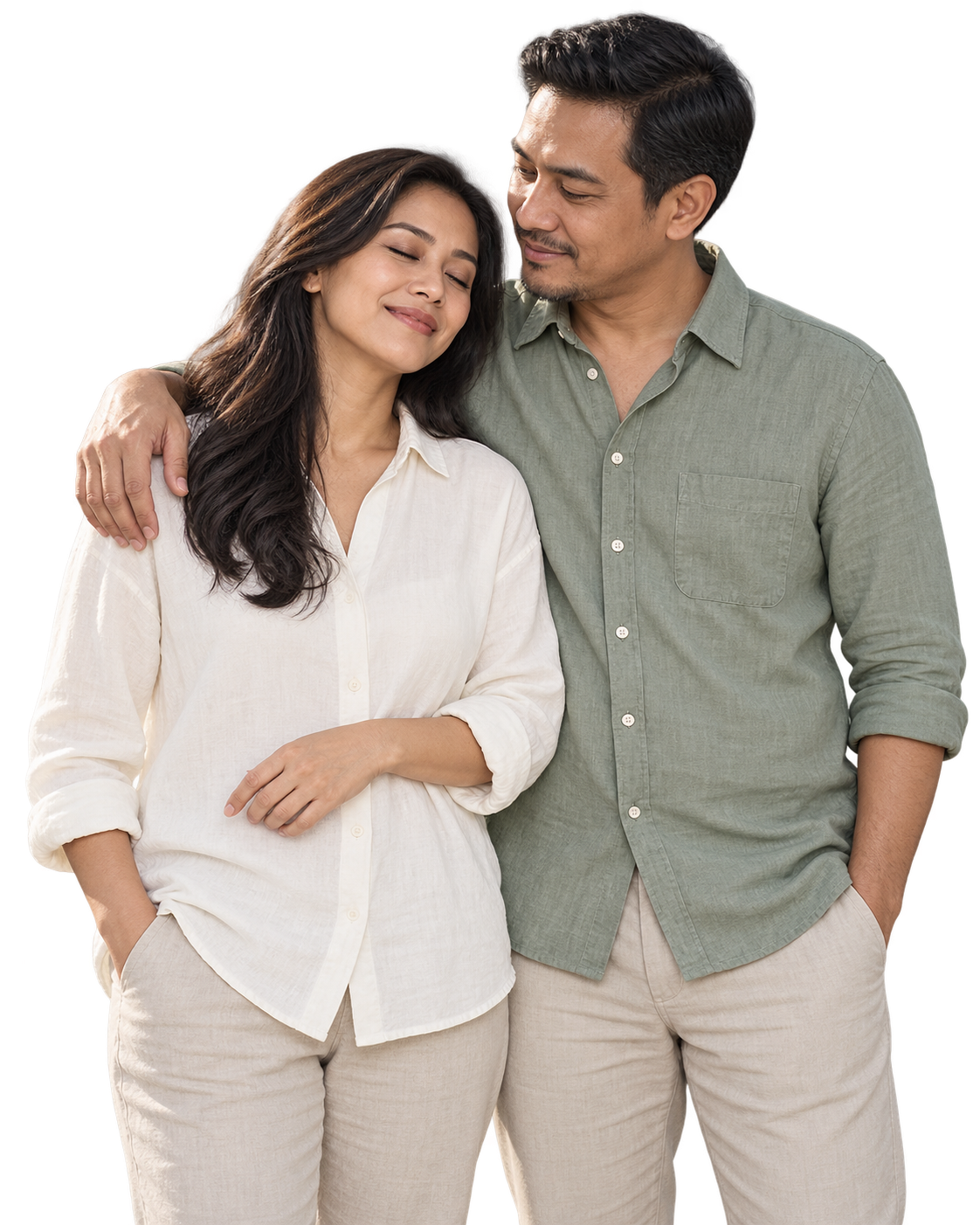 Sepasang perempuan dan laki-laki Indonesia berbagi momen tenang.